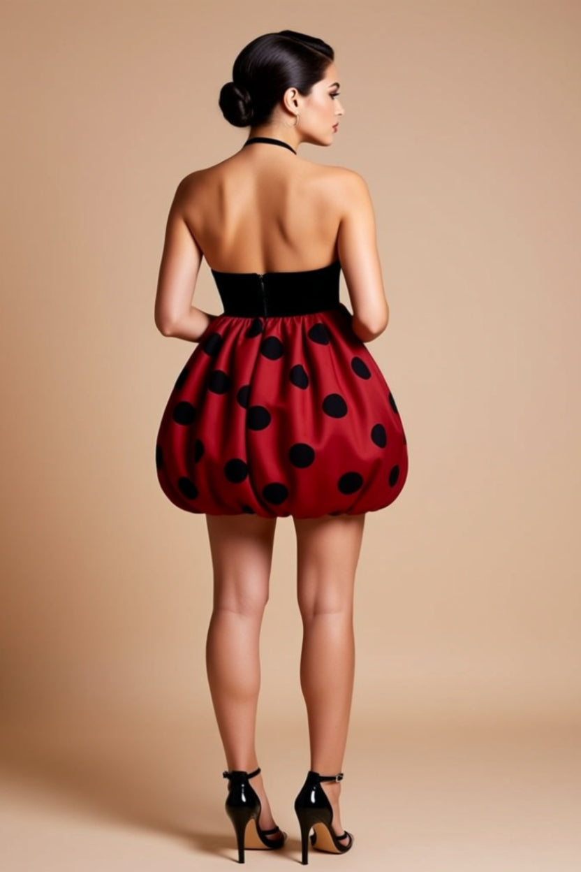 Red and Black Polka Dot Halter Bubble Mini Dress