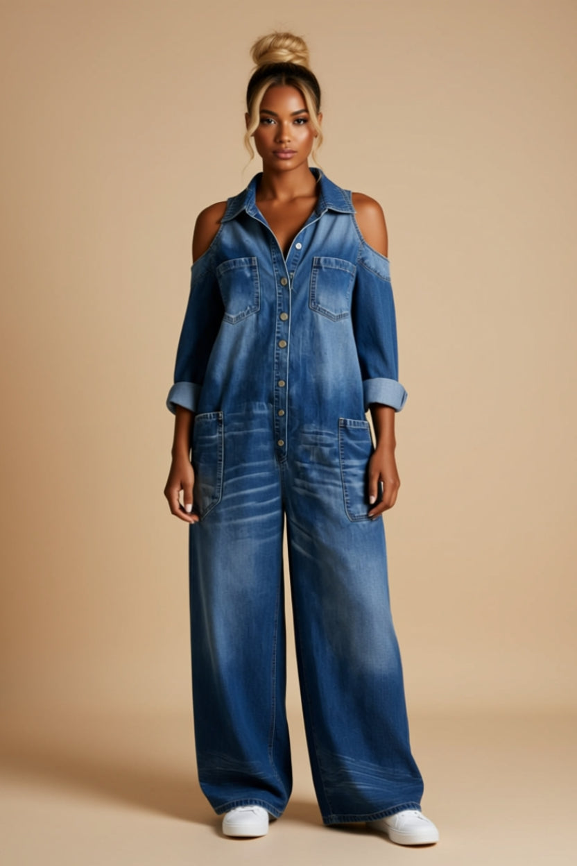 Blue Denim Cold-Shoulder Button-Front Wide-Leg Jumpsuit