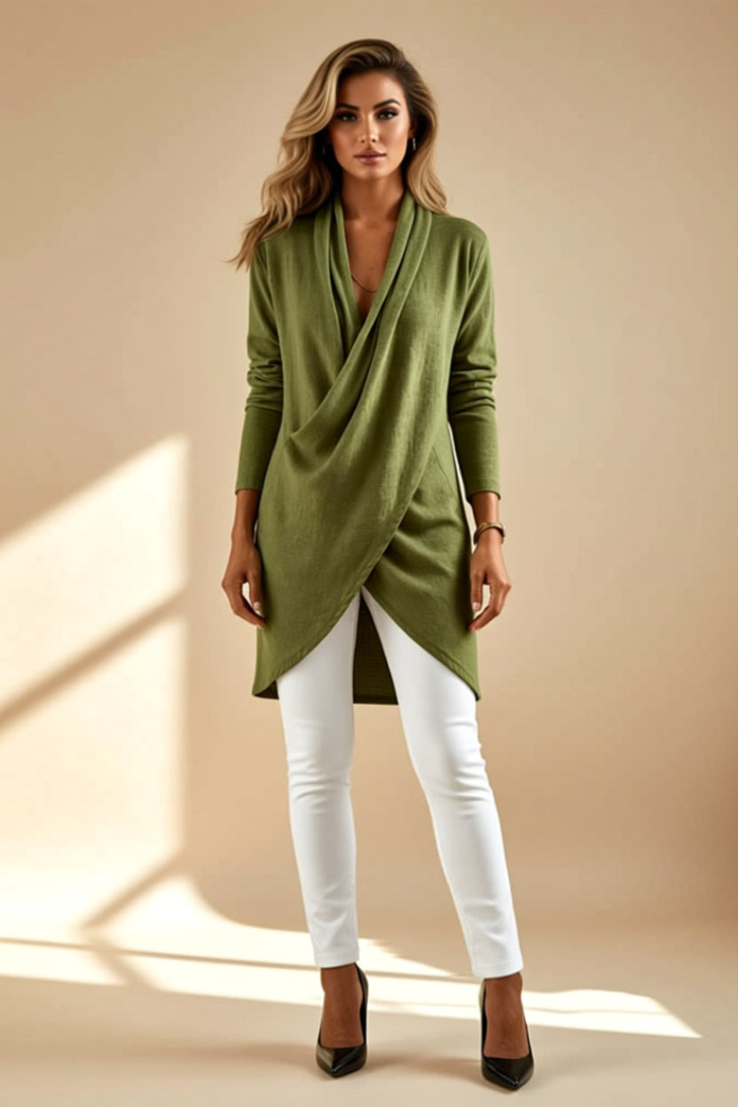 Draped Cowl-Neck Asymmetrical Longline Tunic Top