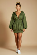 Hooded Zip-Front Smocked-Waist Bubble Mini Dress