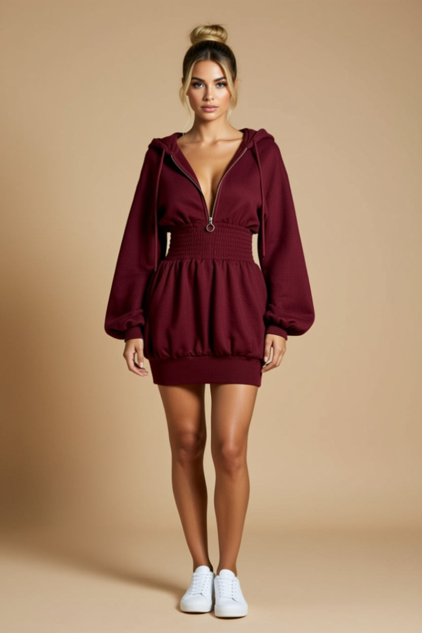 Hooded Zip-Front Smocked-Waist Bubble Mini Dress