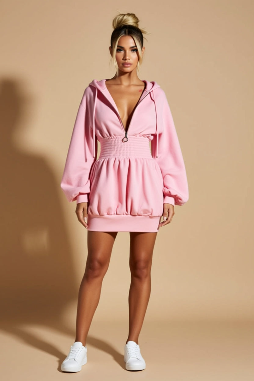 Hooded Zip-Front Smocked-Waist Bubble Mini Dress