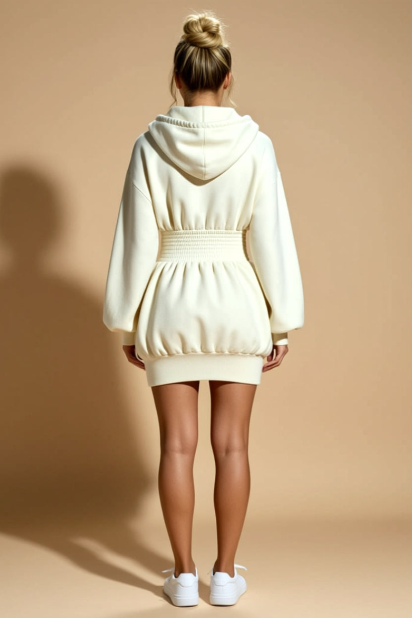 Hooded Zip-Front Smocked-Waist Bubble Mini Dress