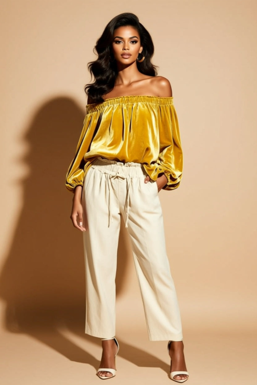 Satin-Look Off-Shoulder Balloon-Sleeve Blouse