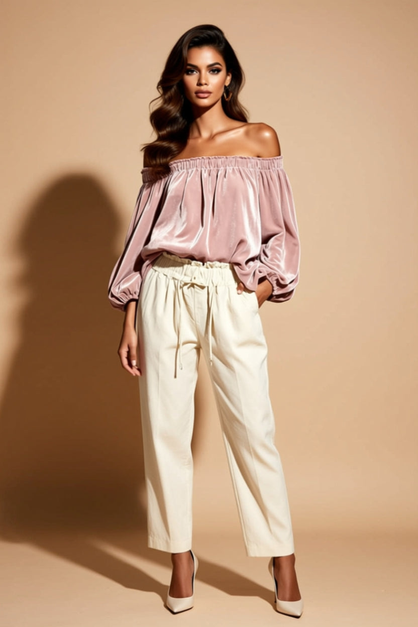 Satin-Look Off-Shoulder Balloon-Sleeve Blouse