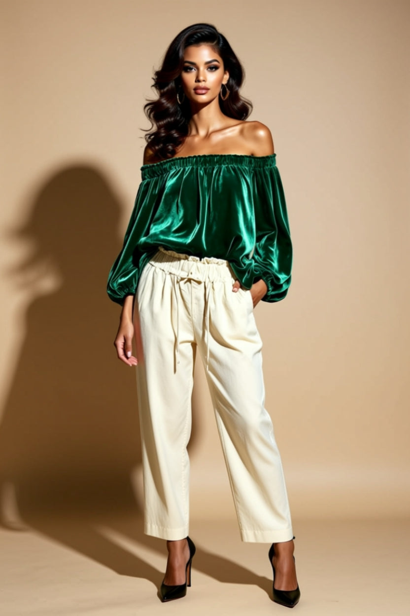 Satin-Look Off-Shoulder Balloon-Sleeve Blouse