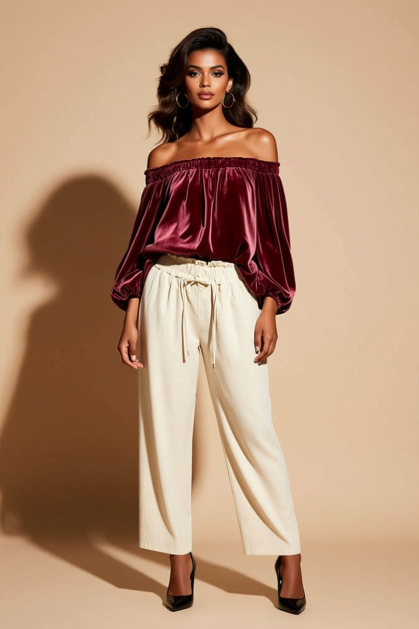 Satin-Look Off-Shoulder Balloon-Sleeve Blouse