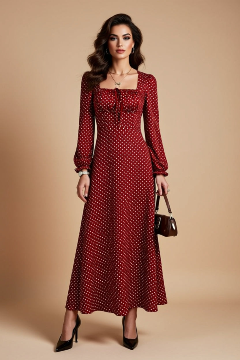 Burgundy Polka Dot Tie-Front Long-Sleeve Maxi Dress