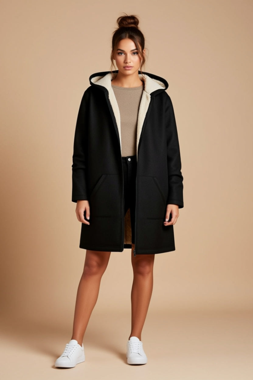 Plush-Lined Hooded Longline Zip-Up Jacket with Pockets