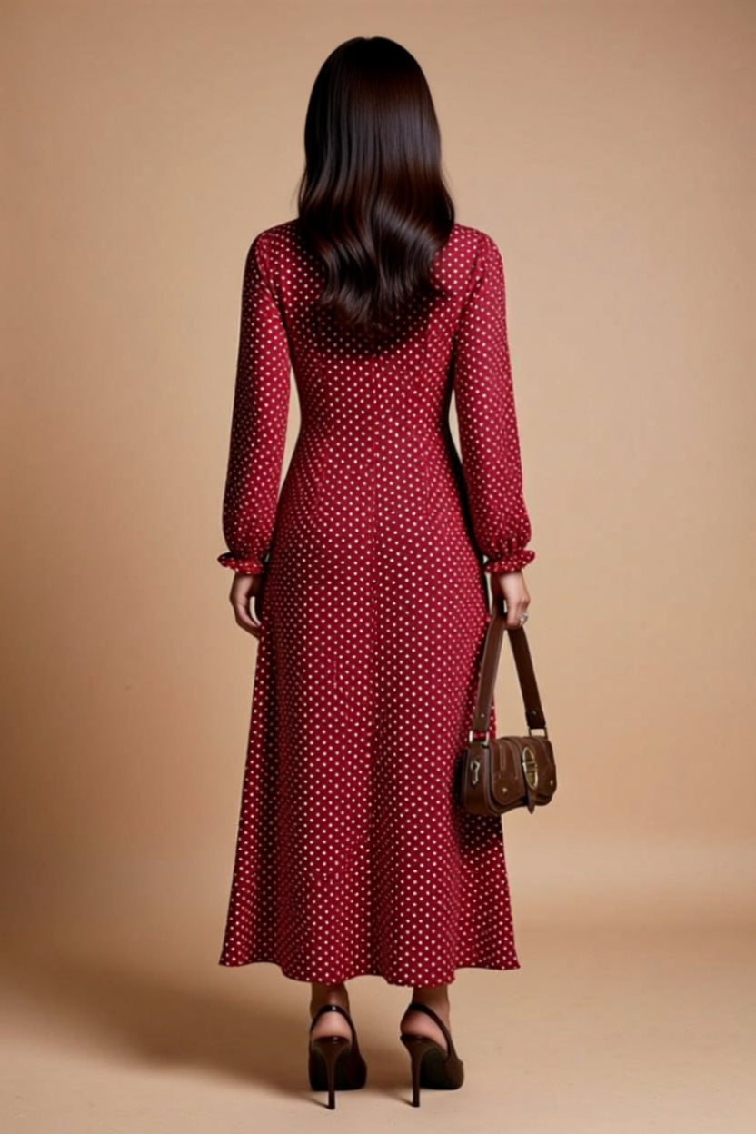 Burgundy Polka Dot Tie-Front Long-Sleeve Maxi Dress