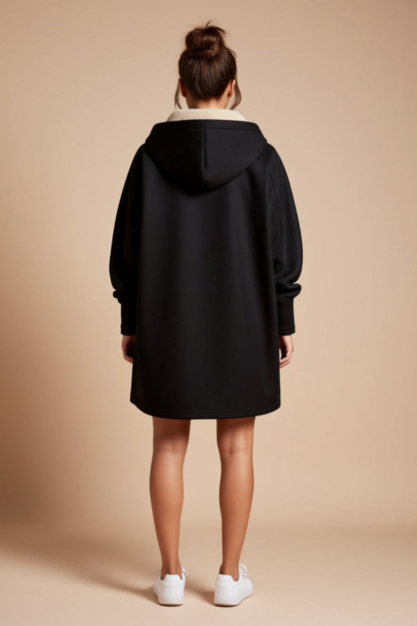 Plush-Lined Hooded Longline Zip-Up Jacket with Pockets