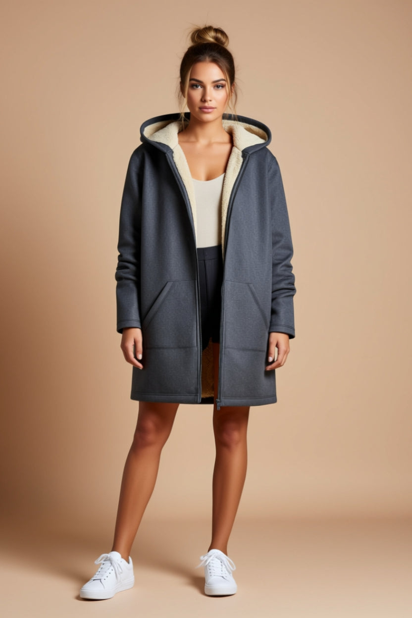 Plush-Lined Hooded Longline Zip-Up Jacket with Pockets
