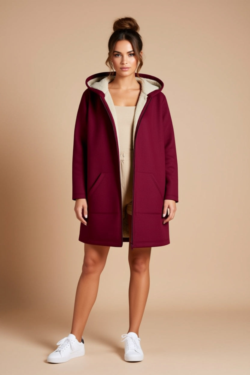 Plush-Lined Hooded Longline Zip-Up Jacket with Pockets