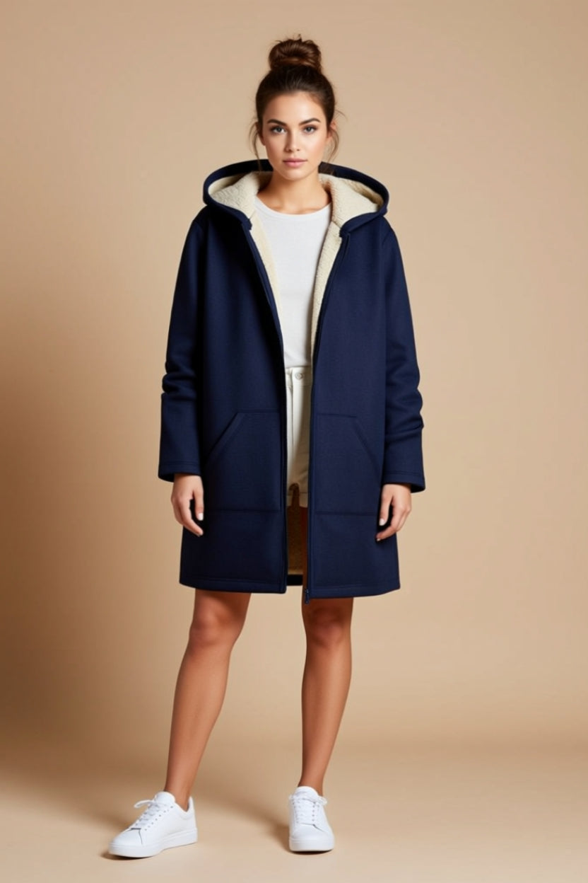 Plush-Lined Hooded Longline Zip-Up Jacket with Pockets