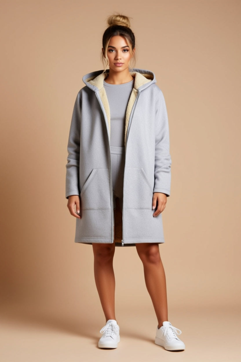 Plush-Lined Hooded Longline Zip-Up Jacket with Pockets