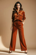 Rust Corduroy Button-Up Shirt and Wide-Leg Pants Set