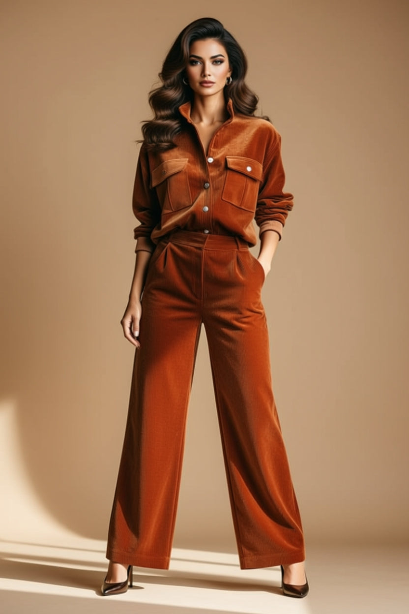 Rust Corduroy Button-Up Shirt and Wide-Leg Pants Set