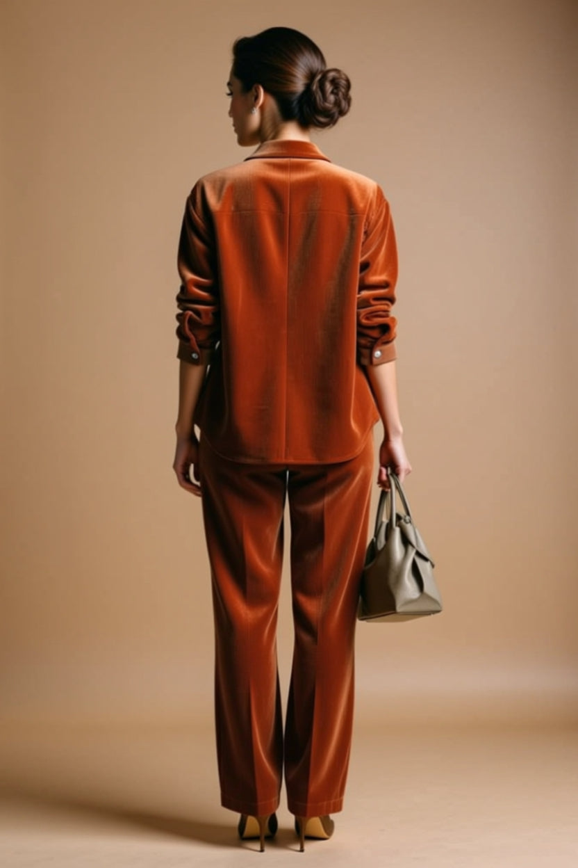 Rust Corduroy Button-Up Shirt and Wide-Leg Pants Set