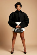 Black Cropped Zip-Up Jacket with Oversized Balloon Sleeves