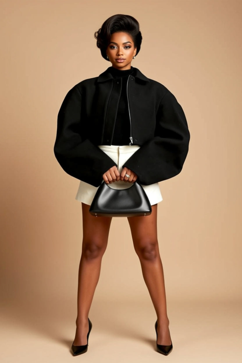 Black Cropped Zip-Up Jacket with Oversized Balloon Sleeves