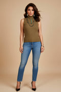 Olive Green Ribbed Mock-Neck Sleeveless Sweater Top