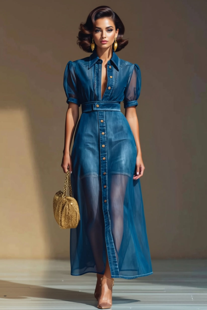 Teal Blue Sheer Mesh Button-Front Maxi Shirt Dress