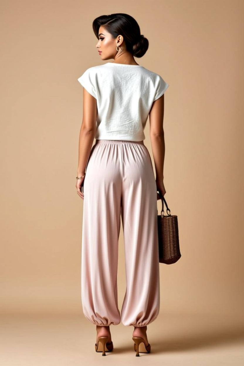 Blush Pink Drawstring High-Waisted Jogger Pants with Pockets