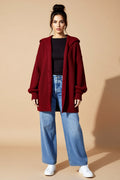 Burgundy Ribbed Hooded Longline Cardigan with Pockets