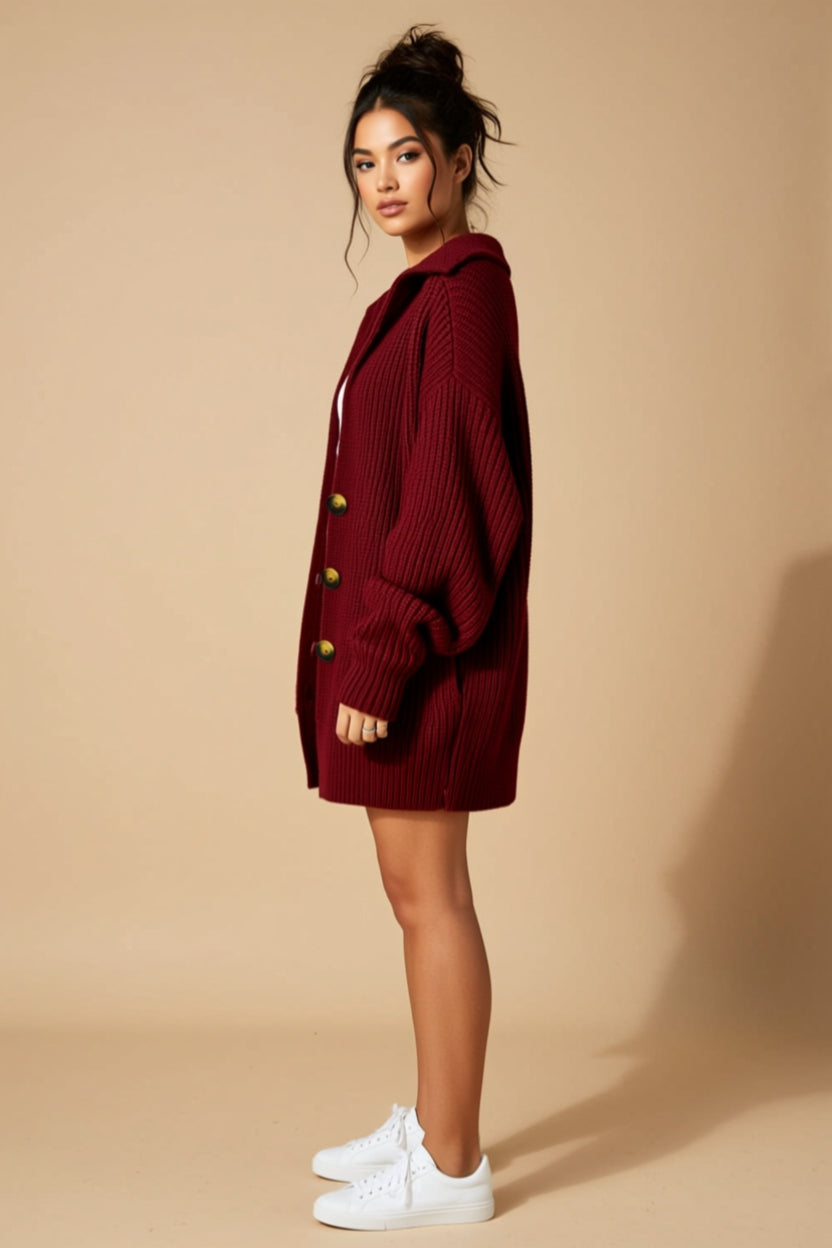 Burgundy Ribbed Hooded Longline Cardigan with Pockets