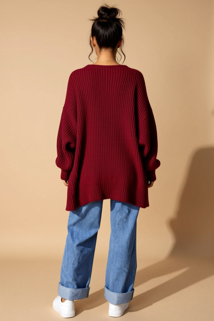 Burgundy Ribbed Hooded Longline Cardigan with Pockets