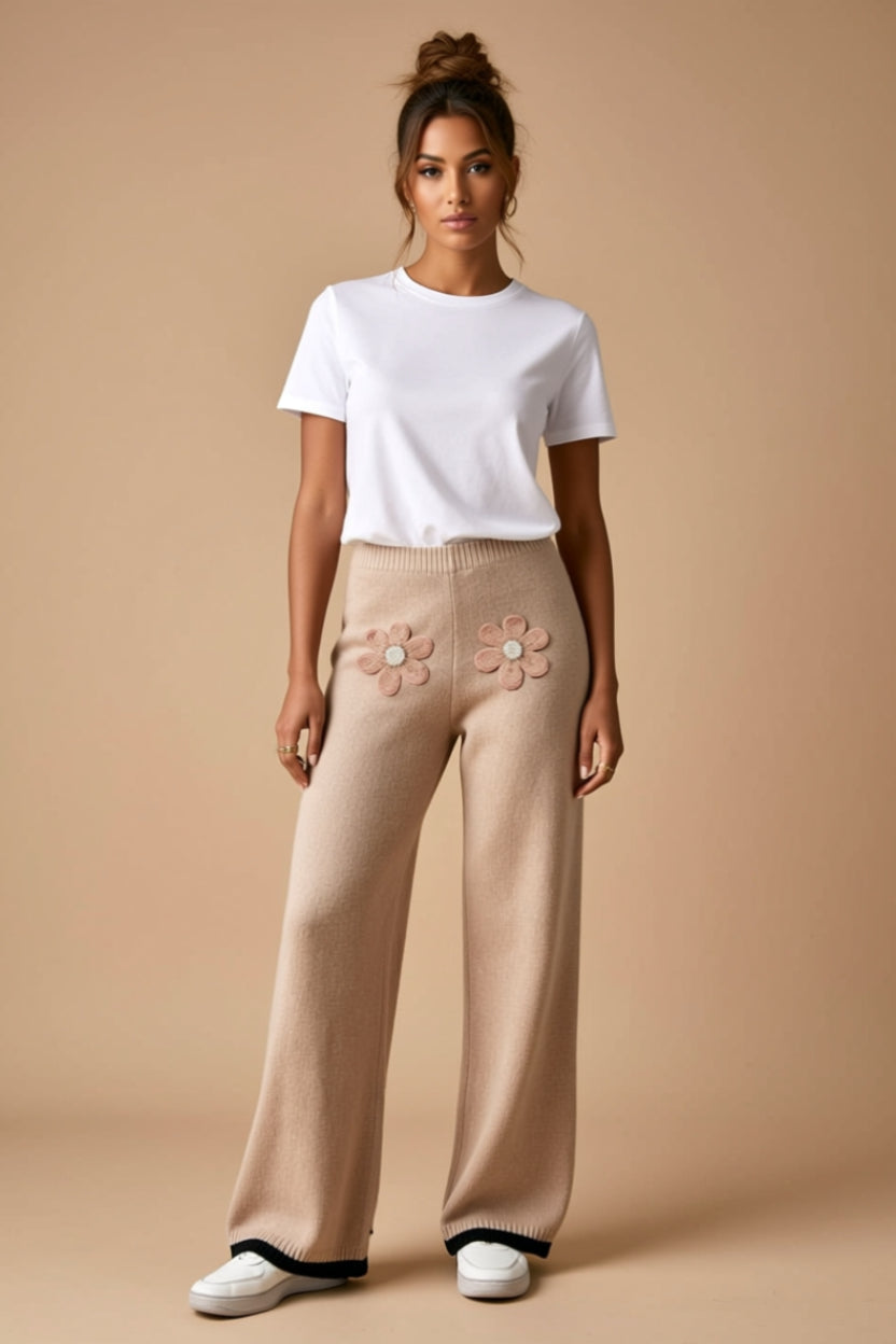 Black Chenille Flower Patch Wide-Leg Pants