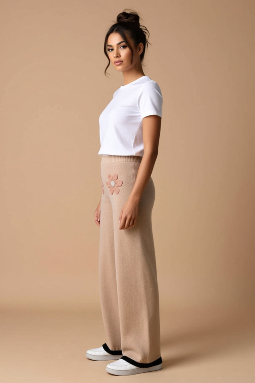 Black Chenille Flower Patch Wide-Leg Pants