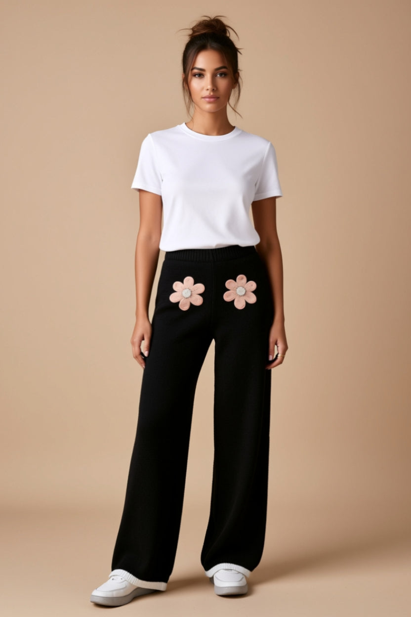 Black Chenille Flower Patch Wide-Leg Pants