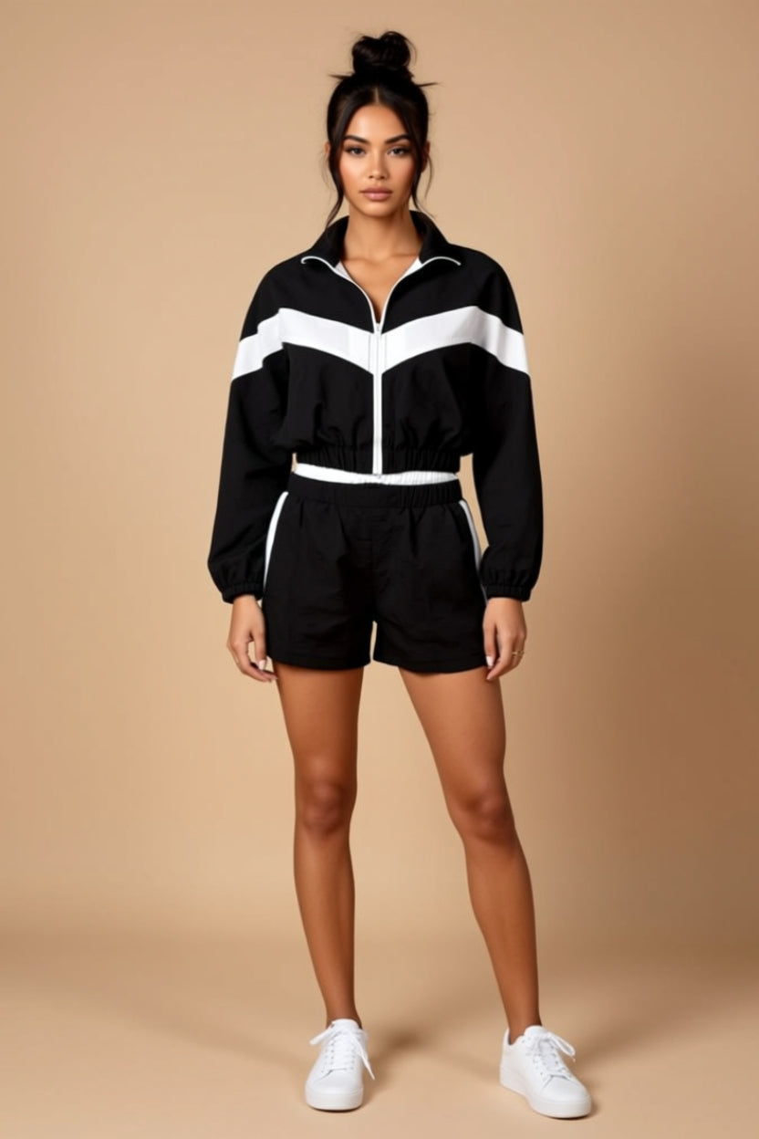 Color-Block Zip-Up Jacket and Shorts Two-Piece Set