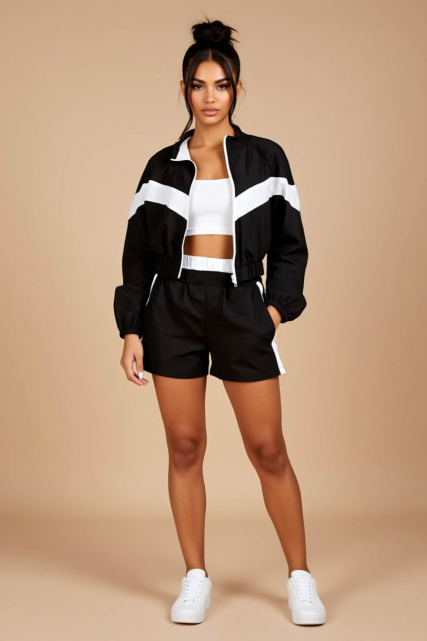 Color-Block Zip-Up Jacket and Shorts Two-Piece Set
