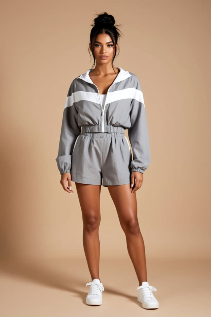 Color-Block Zip-Up Jacket and Shorts Two-Piece Set