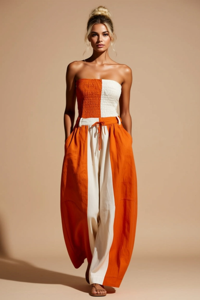 Orange and Ivory Color-Block Strapless Wide-Leg Jumpsuit