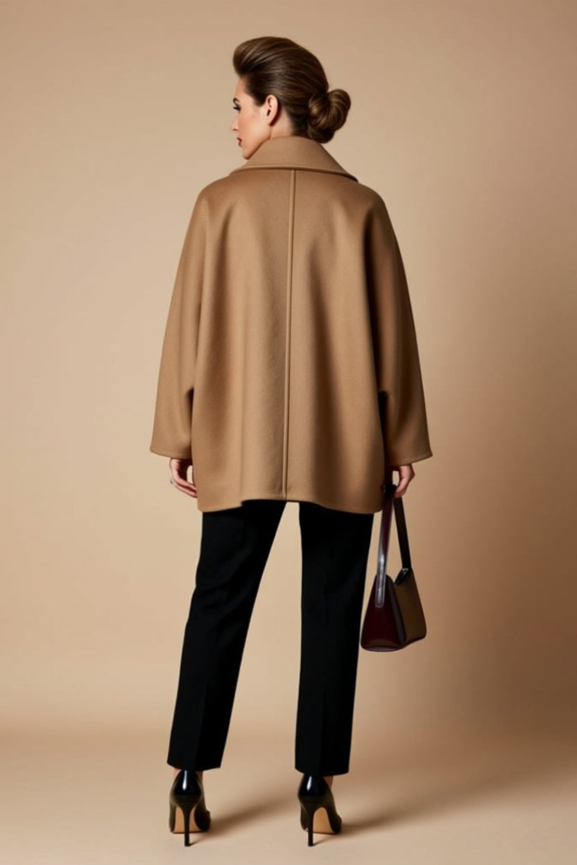 Camel Oversized Button-Front Coat with Wide Lapels and Pockets