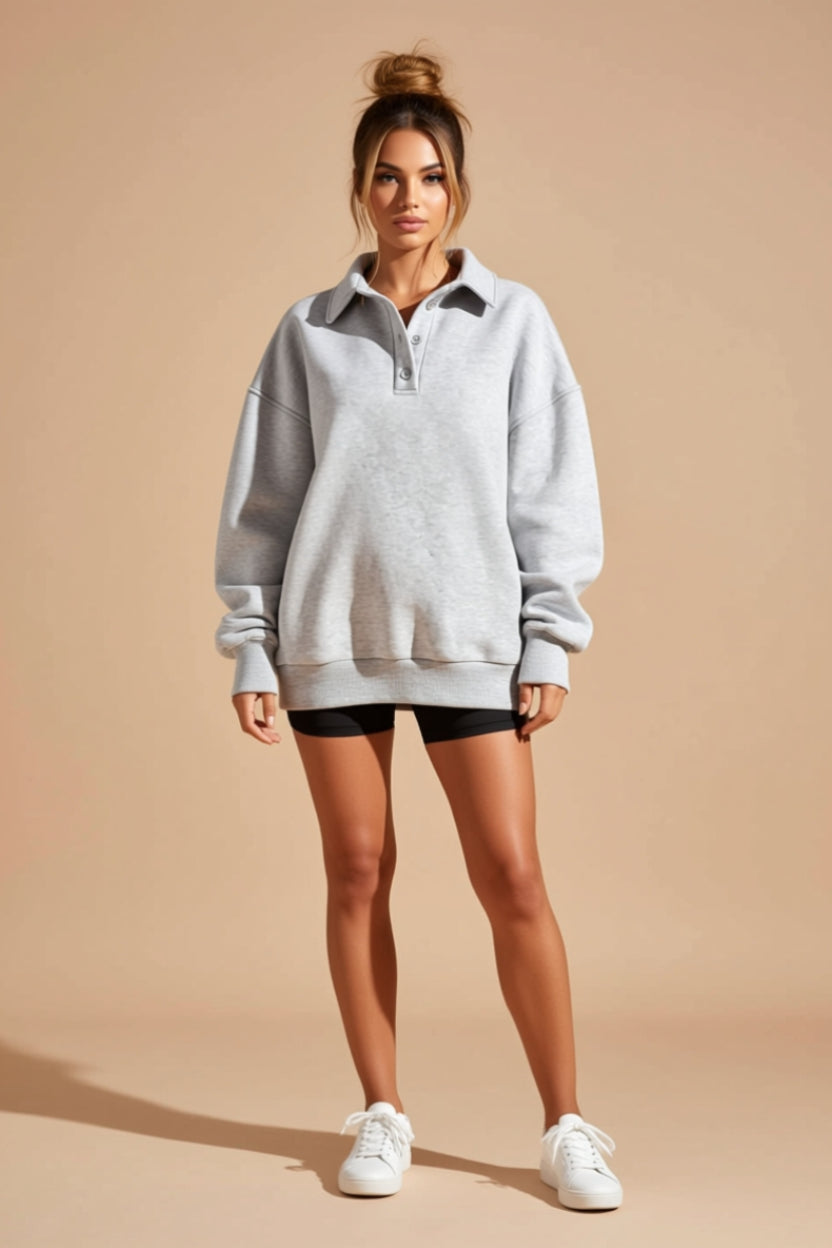 Oversized Collared Button-Neck Polo Sweatshirt