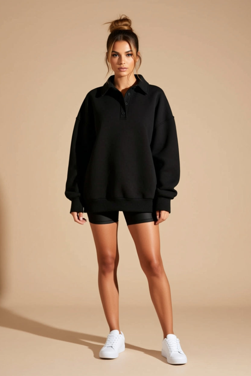 Oversized Collared Button-Neck Polo Sweatshirt
