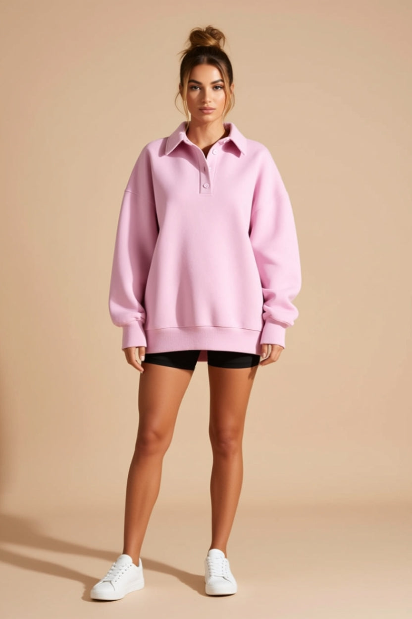 Oversized Collared Button-Neck Polo Sweatshirt