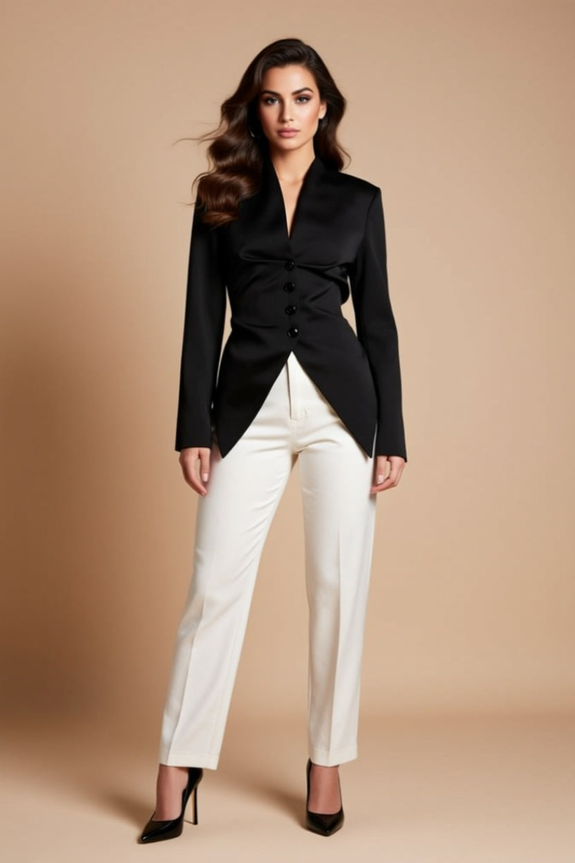 Fitted Button-Front Collarless Blazer with Asymmetrical Hem