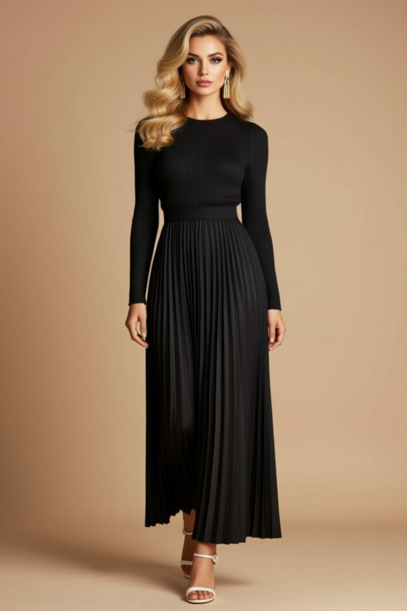 Long-Sleeve Pleated A-Line Maxi Dress with Defined Waist