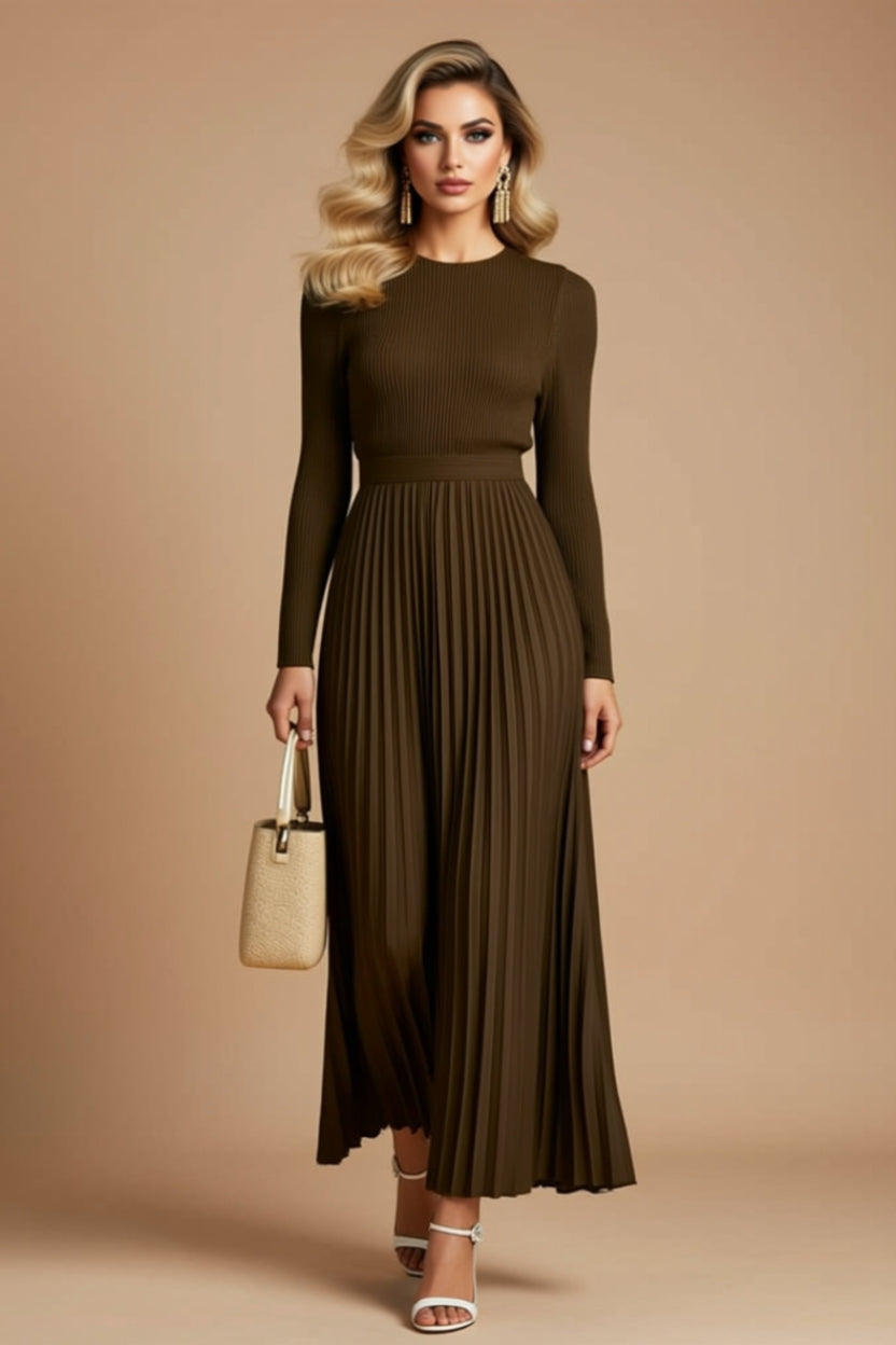 Long-Sleeve Pleated A-Line Maxi Dress with Defined Waist