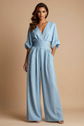 Ruched-Waist V-Neck Wide-Leg Jumpsuit with Pockets