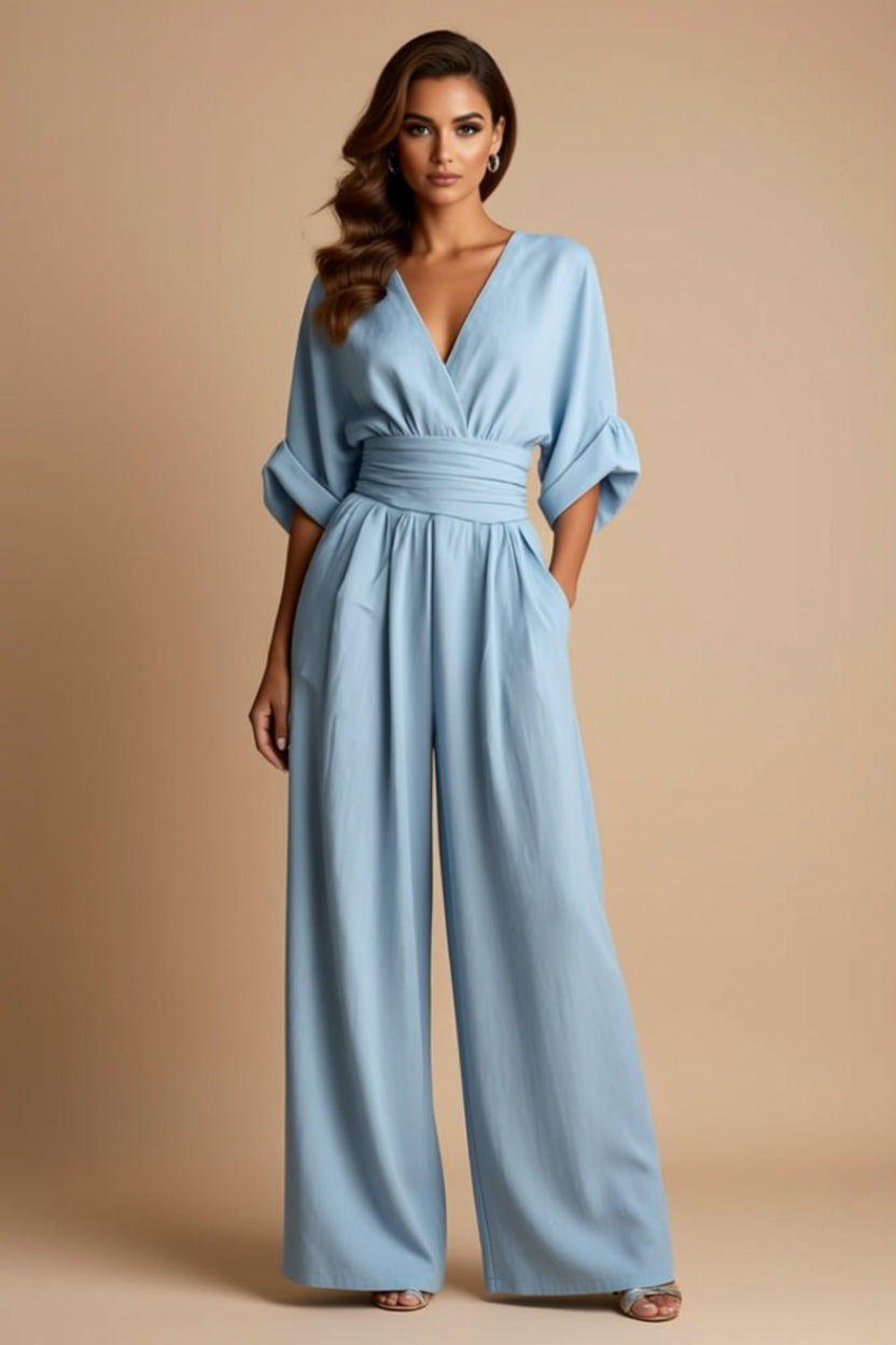 Ruched-Waist V-Neck Wide-Leg Jumpsuit with Pockets