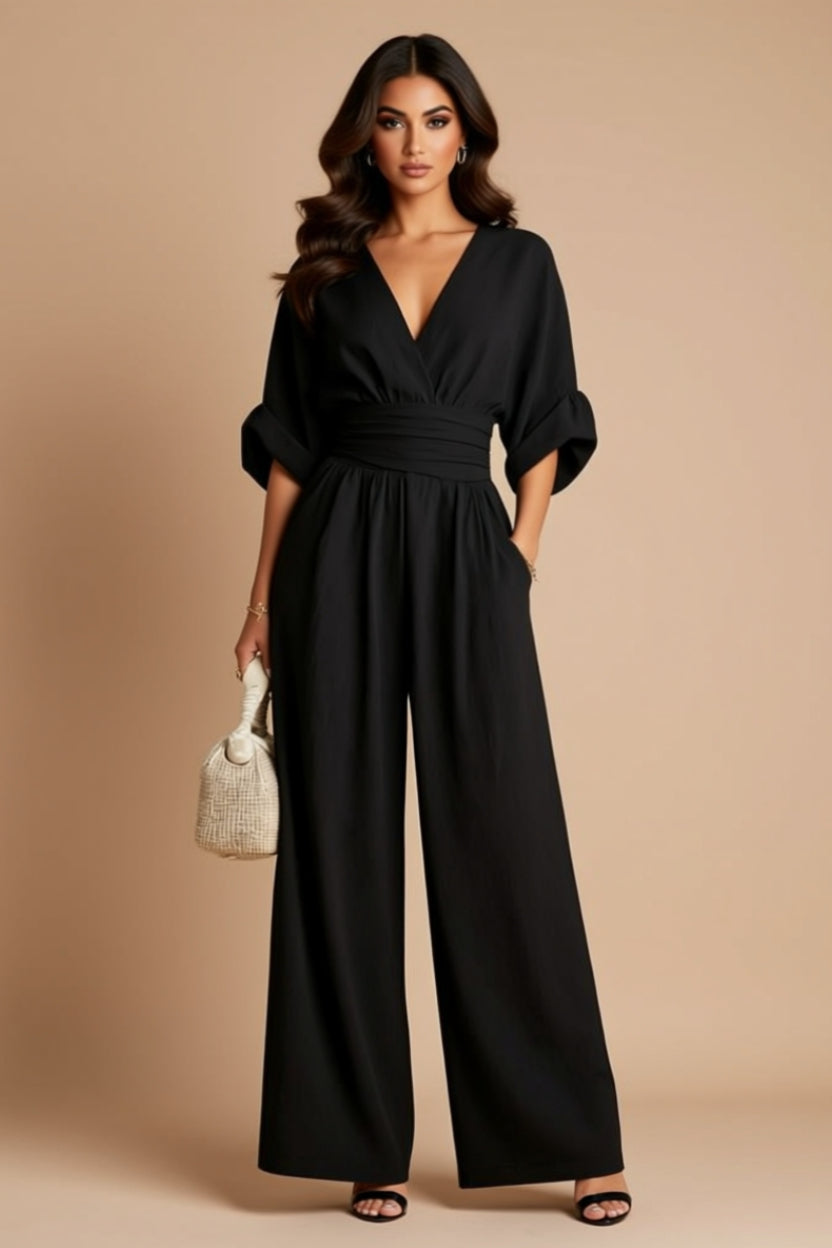 Ruched-Waist V-Neck Wide-Leg Jumpsuit with Pockets