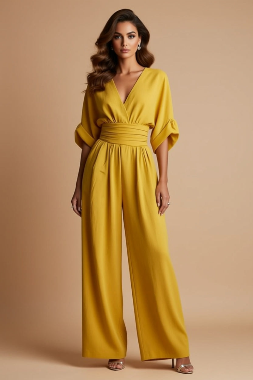 Ruched-Waist V-Neck Wide-Leg Jumpsuit with Pockets