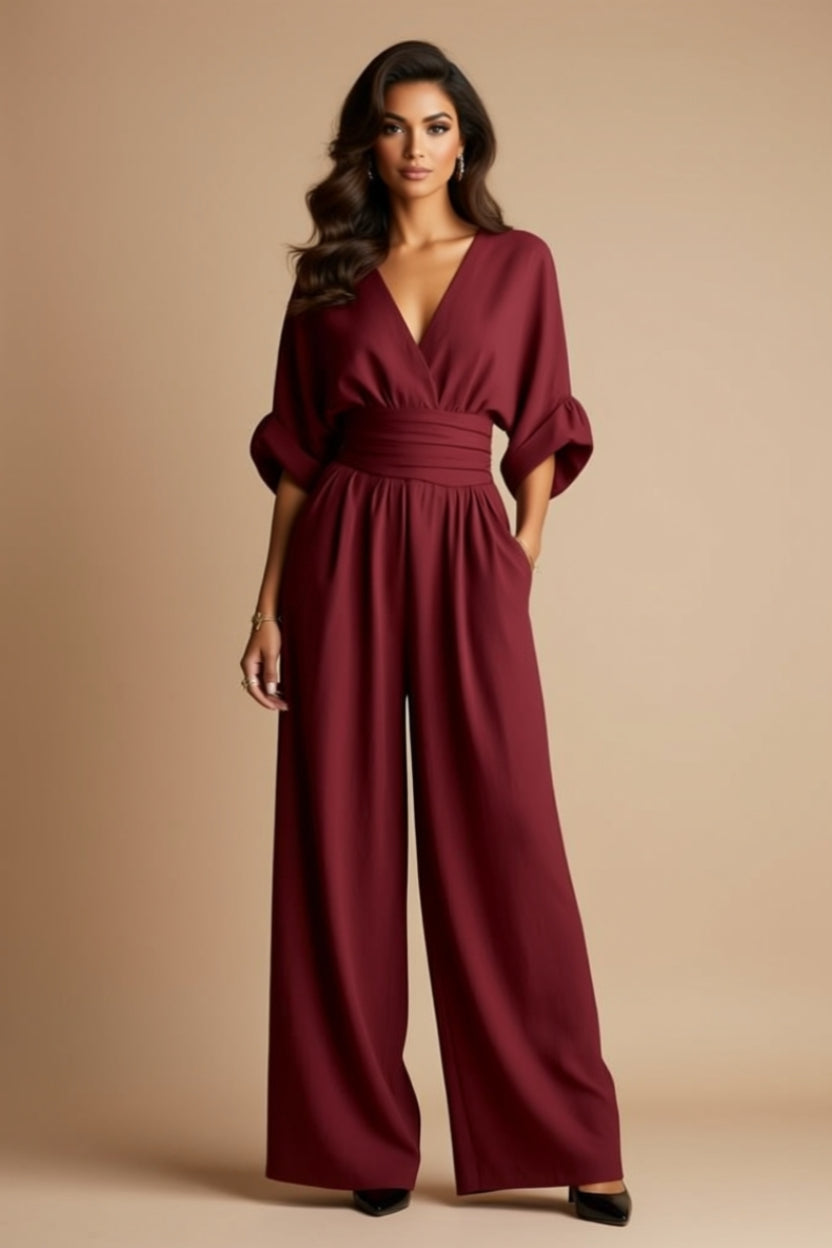 Ruched-Waist V-Neck Wide-Leg Jumpsuit with Pockets