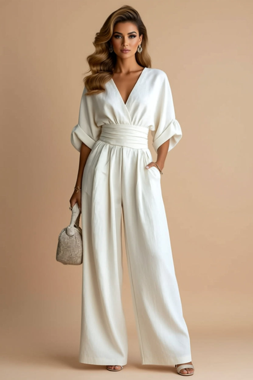 Ruched-Waist V-Neck Wide-Leg Jumpsuit with Pockets